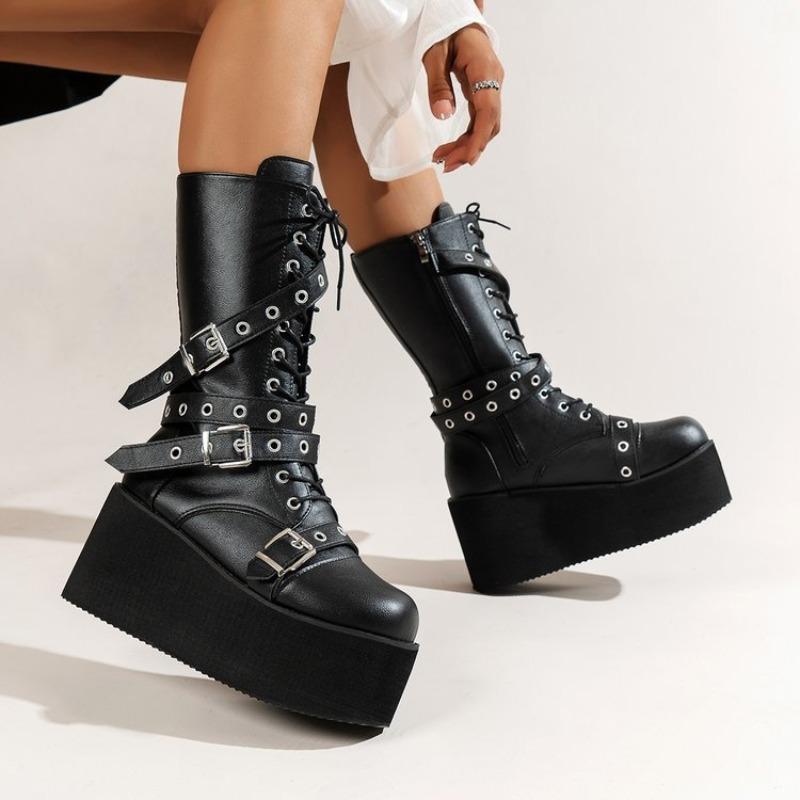 Large Size Medium Tube Locomotive Lace-up Women's Boots Autumn and Winter New Thick-soled Heightening J Wind Tooling Boots Women