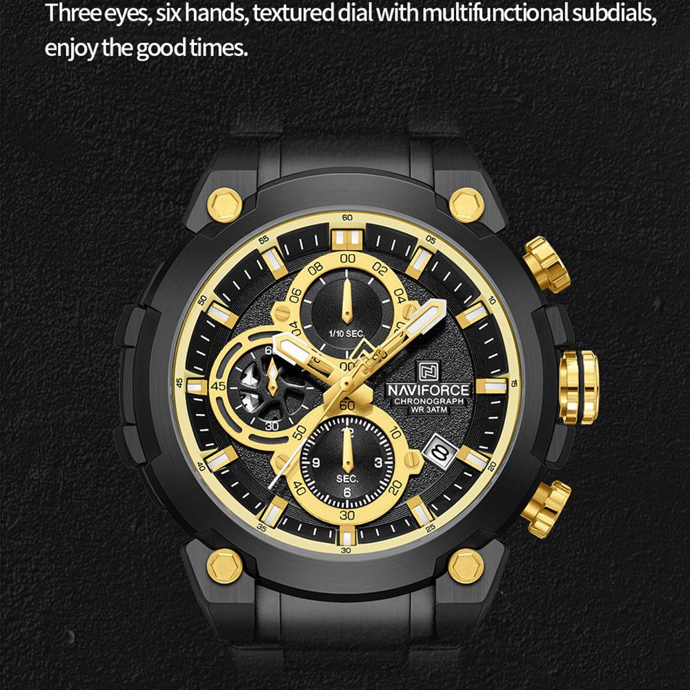 Naviforce Men's Quartz Calendar Watch Stopwatch Chronograph Luminous Hands Stainless Steel Strap Waterproof Sports Outdoor Men's Watch NF8071