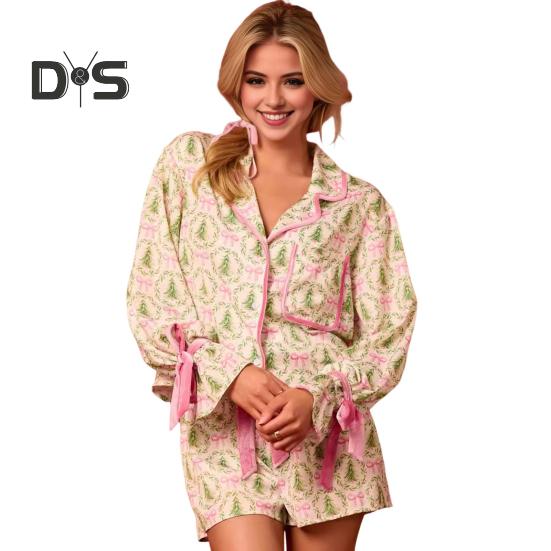 2 Pcs/Set Christms Pajamas Turn-down Collar Single-brasted Colorful Printing Bow Decor Cardigan Top Elastic Waist Shorts Sleepwear Santa Loungewear