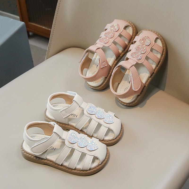 Sequined Princess Shoes for Girls - Stylish Mid-Summer Closed-Toe Sandals 2026 22 бежевый