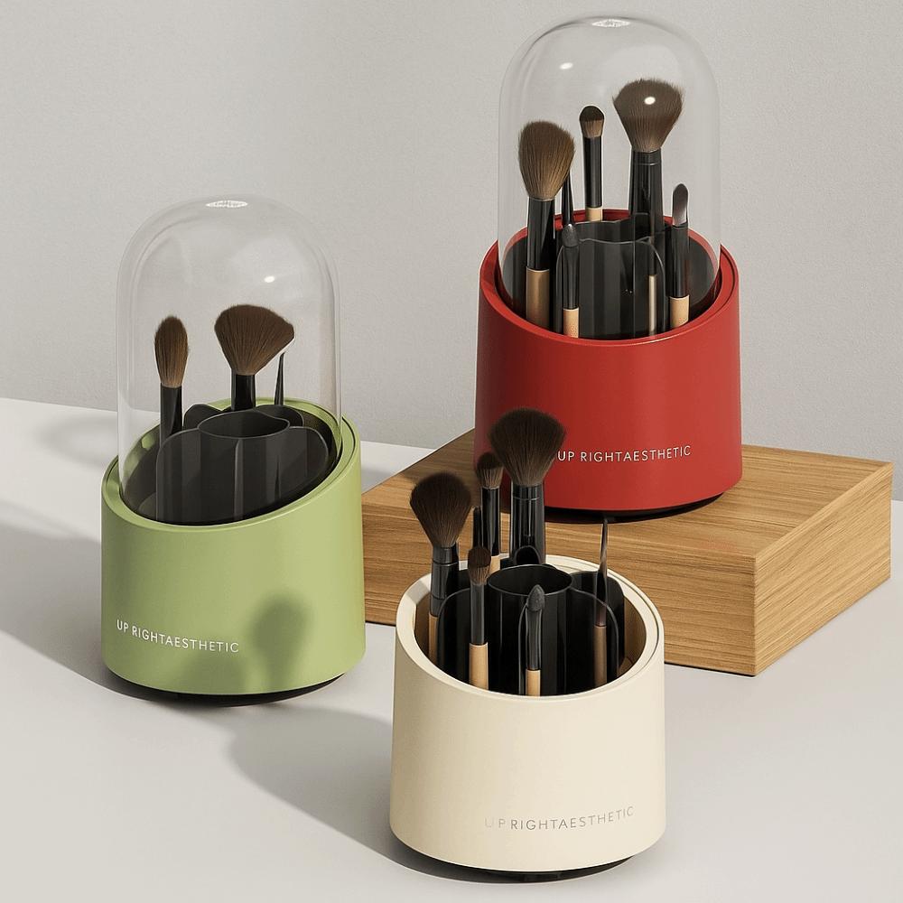 Large Capacity 360° Rotating Makeup Brushes Holder Waterproof Dustproof Cosmetic Storage Box with Lid Space Saving