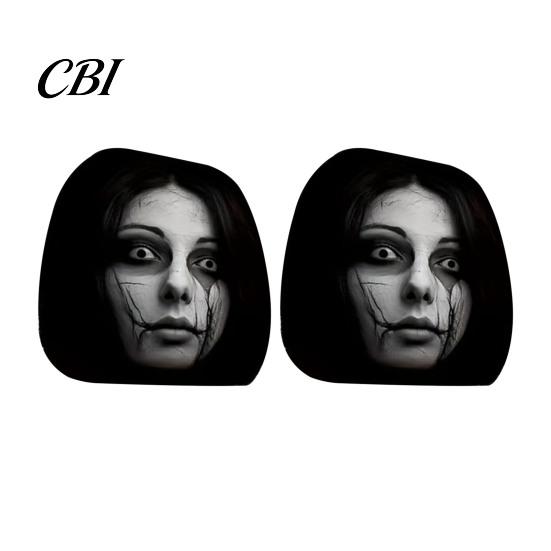 Universal Fit Auto Accessories 2PCS Car Headrest Cover with Scary Face Printing, Breathable Stretch Knitted Knit Fabric Dust Cover, Halloween