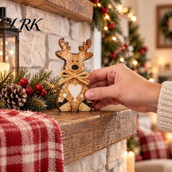 Rustic Style Table Centerpieces Wooden Elk Figurine, Ornament, Vintage Animal Desktop Decoration, 2D Flat Decorations Wall Hanging Ornament with Hemp