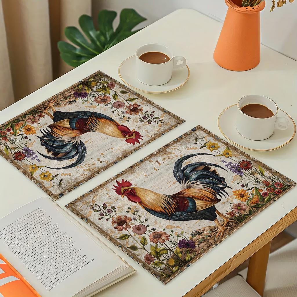 4/6Farmhouse Rooster Placemats Rustic Chicken Imitation Placemat Farm Heat Resistant Dining Place Mats Country Vintage Florals Table Mat