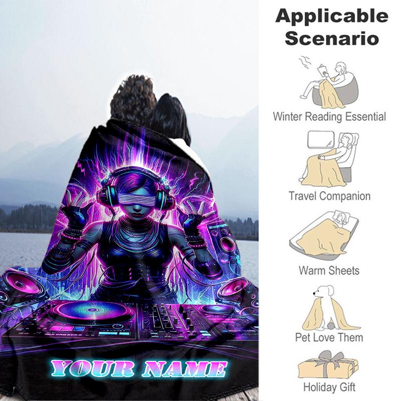1PC Custom Name Neon Cyberpunk DJ Vibes flannel blanket versatile,all-season throw suitable for the living room,bedroom,camping,travel,and gift