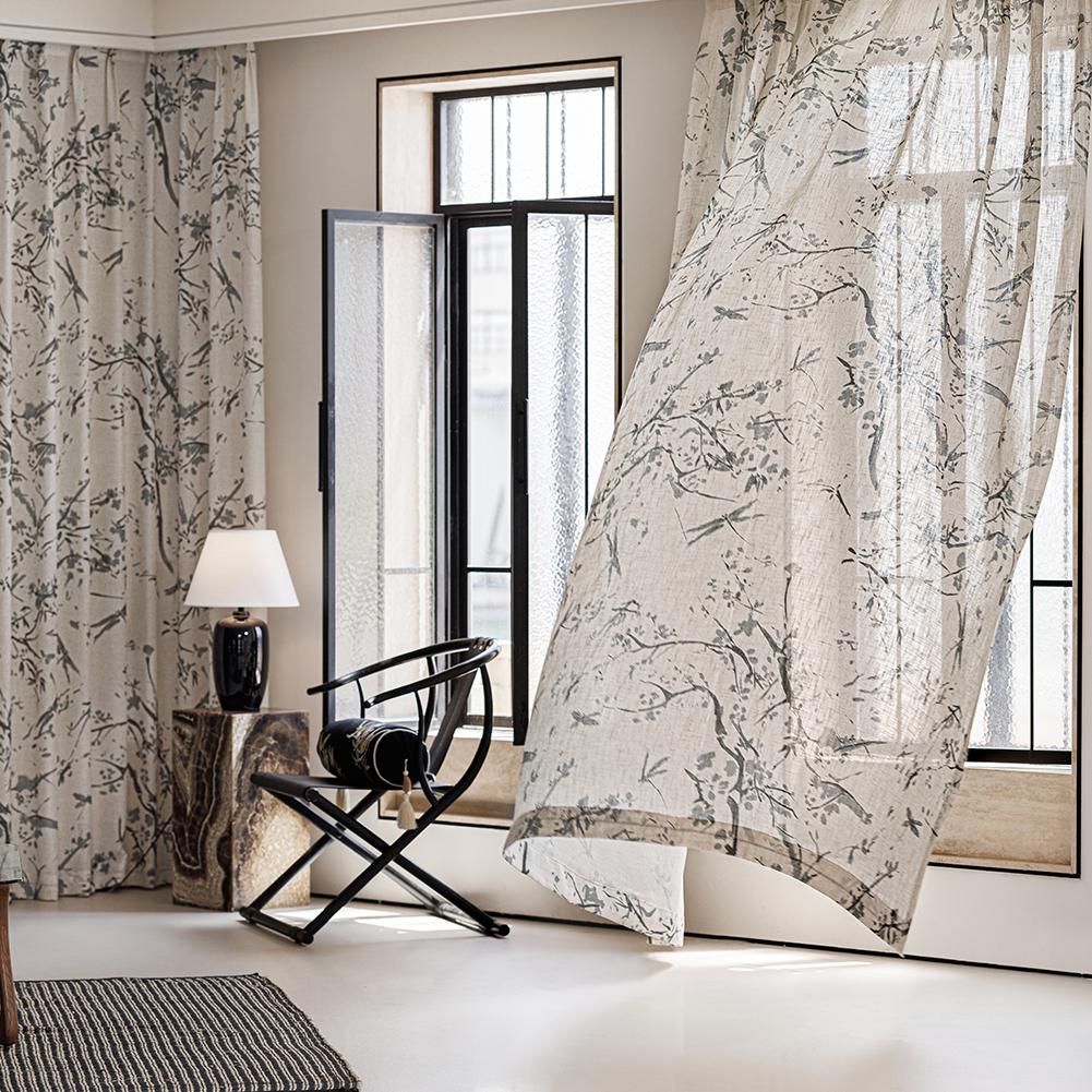 1PC NAPEARL Linen Texture Printed Sheer Curtain New Chinese Ink Bamboo Pattern Tulle for Living Room Bedroom Balcony Window Home Decor