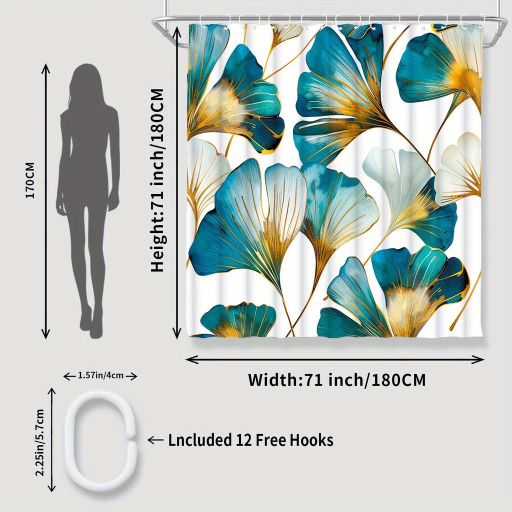 1pc Ginkgo Biloba Shower Curtain - Blue & Gold Design, Moisture-Resistant Polyester, 71x71", 12 Hooks, Easy To Clean