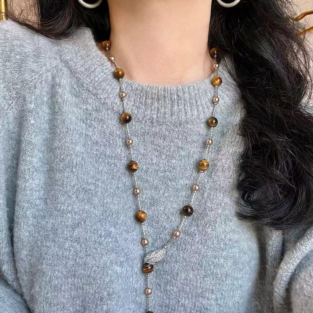 Maillard Natural Boutique Tiger's Eye Stone Imitation Tahitian Pearl Various Wearing Methods Sweater Chain Collarbone Chain Necklace