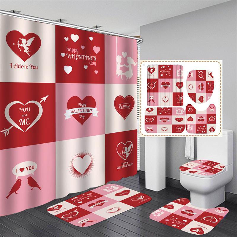 Valentine's Day Bathroom Bathing Waterproof Shower Curtain Home Entrance Doormat Bathtub 4Pcs Set Toilet Seat Cover Rugs Bath Non-Slip Floor Mat Love