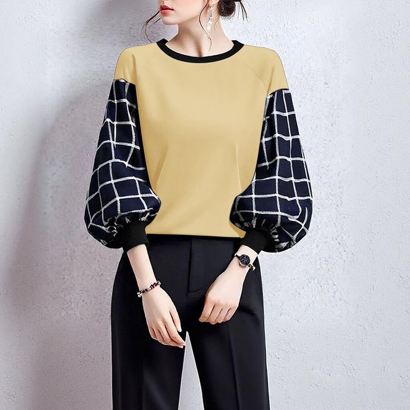 ZANZEA Bluză largă casual de damă cu gât rotund, mâneci bufante și imprimeu grilă îmbinat