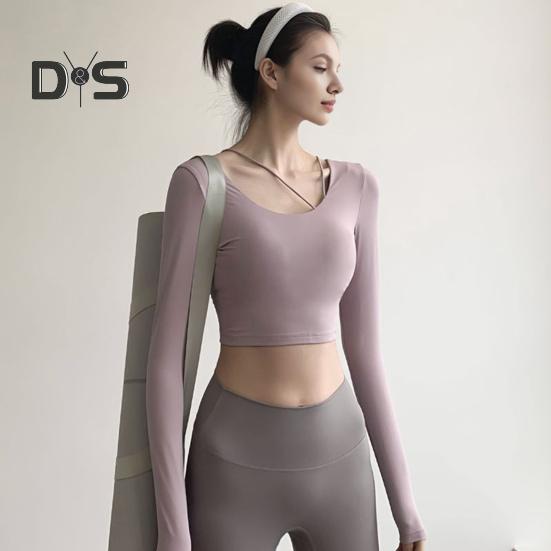 Innen gepolsterte Yoga-Tops für Damen, sexy Rücken, langärmelig, Yoga-Top, Sport, hochelastisch, für Fitnessstudio, Fitness, Laufen, Training, T-Shirt, weich, atmungsaktiv, sportliche Kleidung für