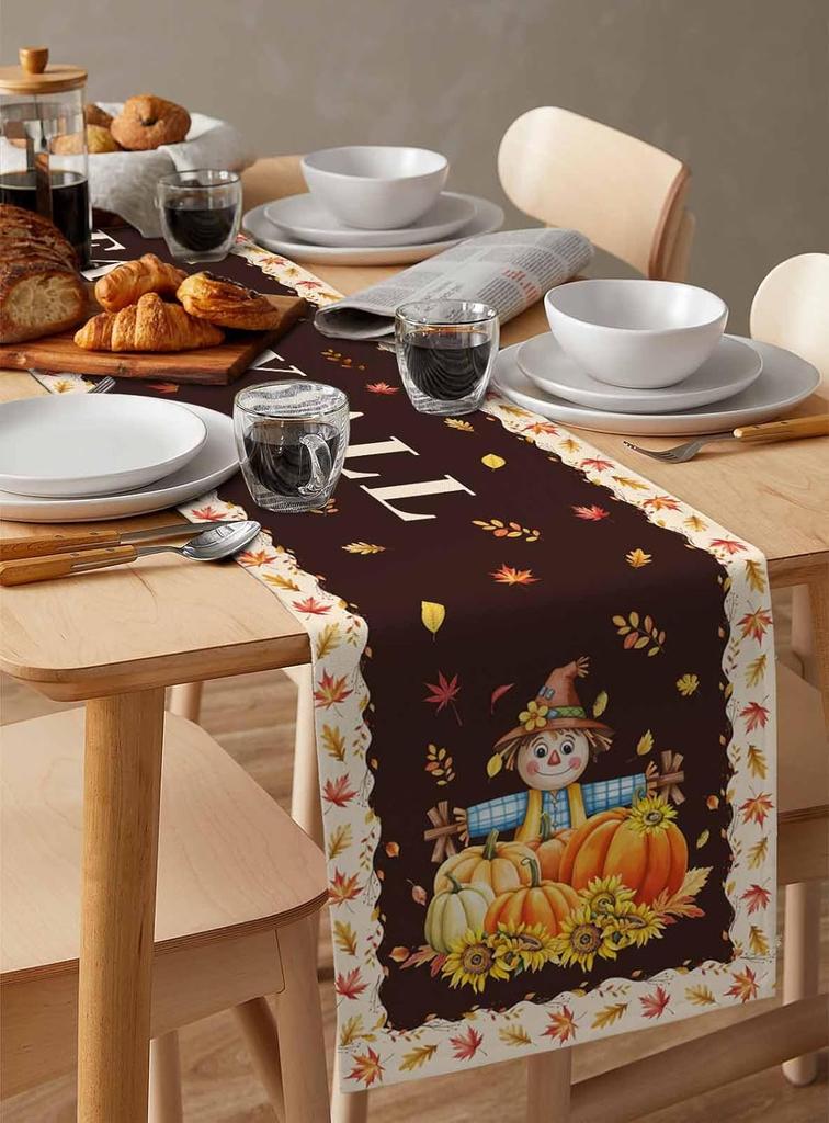 Thanksgiving Autumn Straw Man Linen Table Runner for Table Decor Fall Pumpkin Maple Leaf Kitchen Dining Table Runners Home Decor