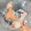 Brand Design Gold Lace Embroidery Strap Sandals Women 2025 Summer Super High Heels Slip On Slippers Clear Heel Party Dress Shoes
