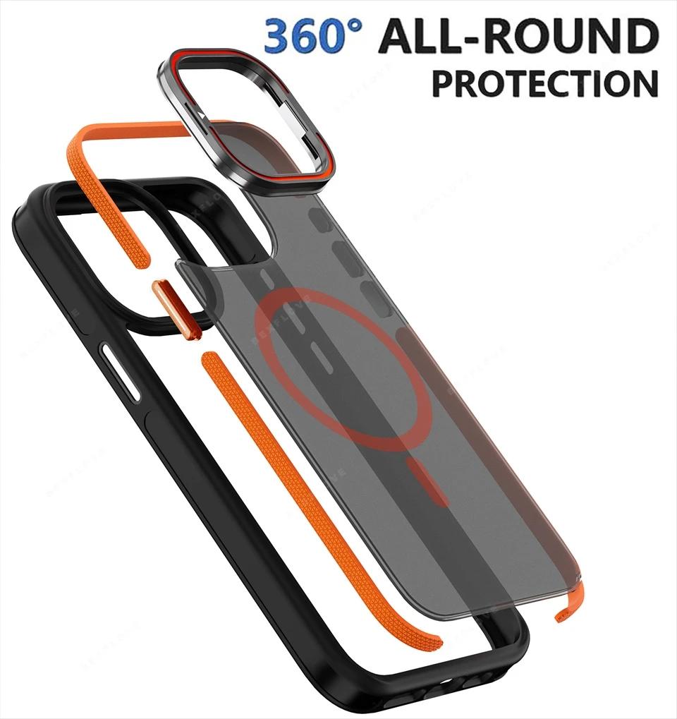 Bicolor Magnetic Camera Lens Stand Phone Case For iPhone 15 14 16 Plus 11 12 13 16 Pro Max Matte Magsafe Protector Hard Cover