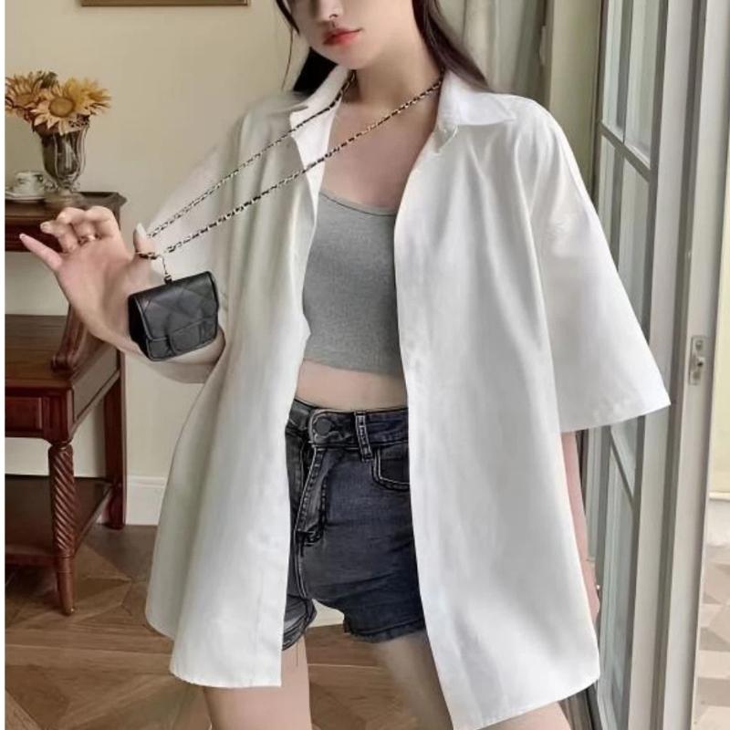 Damen Weiß Kurzarm Knopfleiste Hemd Locker Lässig Bluse Top