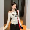 Slant Shoulder Off-the-shoulder Letter Print Long-sleeved T-shirt Women's Early Autumn New Pleated Slim-fit Design Shoulder Strap Top