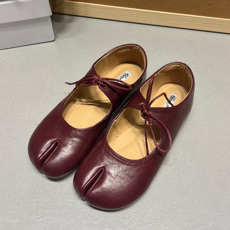 Fashion Bailamos Autumn Women Flat Shoes Fashion Split Toe Flat Heel Laofer Shoes Shallow Soft Leather Casual Outdoor Mary Jane Shoes