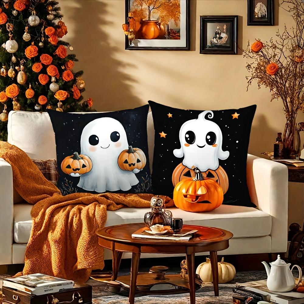 4pcs Halloween Throw Pillow Covers, Warm & Cozy, Black with Ghost & Pumpkin Print, Zippered, Machine Washable