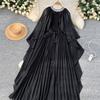 Elegante vestido largo plisado de gasa con cuello redondo, cordones y mangas estilo capa vintage para mujer, ropa de calle de moda