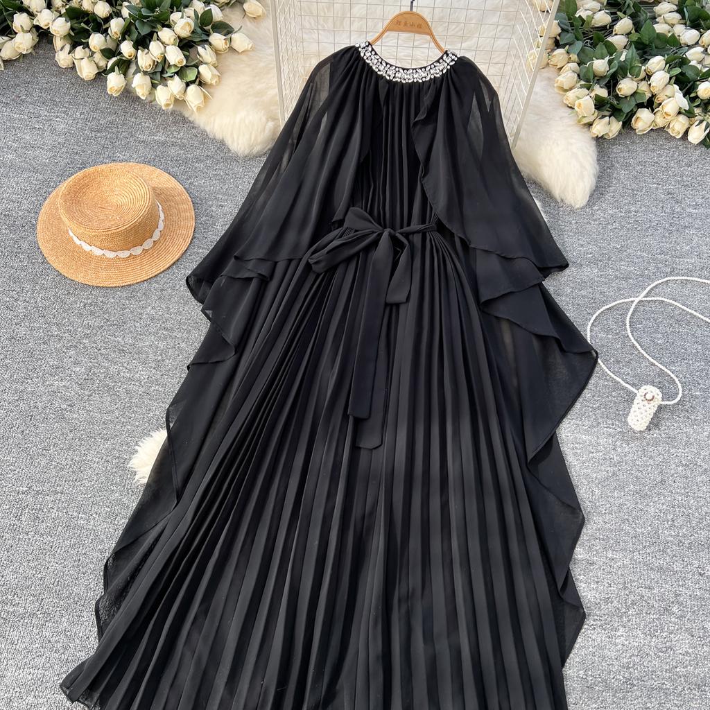 Elegante vestido largo plisado de gasa con cuello redondo, cordones y mangas estilo capa vintage para mujer, ropa de calle de moda