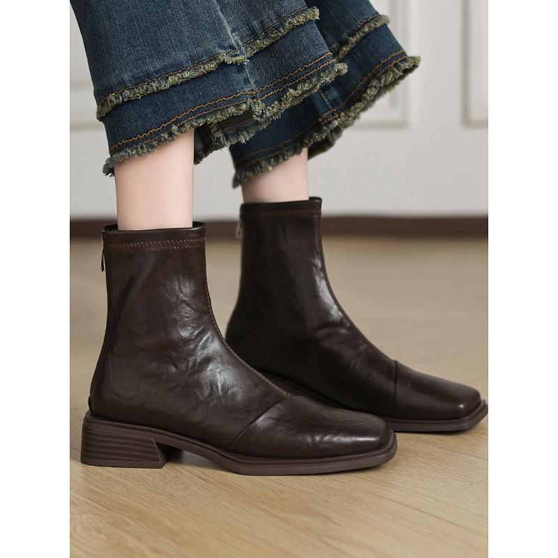 Huge good-looking medium heel thin boots women's French square head Martin boots thick-soled Chelsea boots small short boots