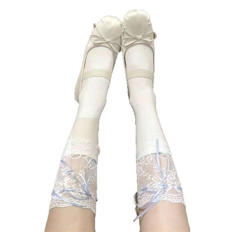 Lolita Lace Knee Socks White Women'S Ribbon Bow Medium Stockings Jk Autumn Thin Calf Socks