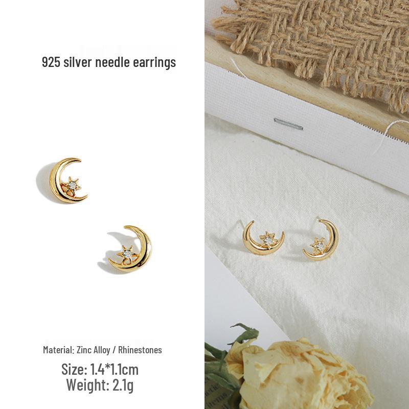 925 Sterling Silver Moon & Star Earrings, Small Gold, Korean Style