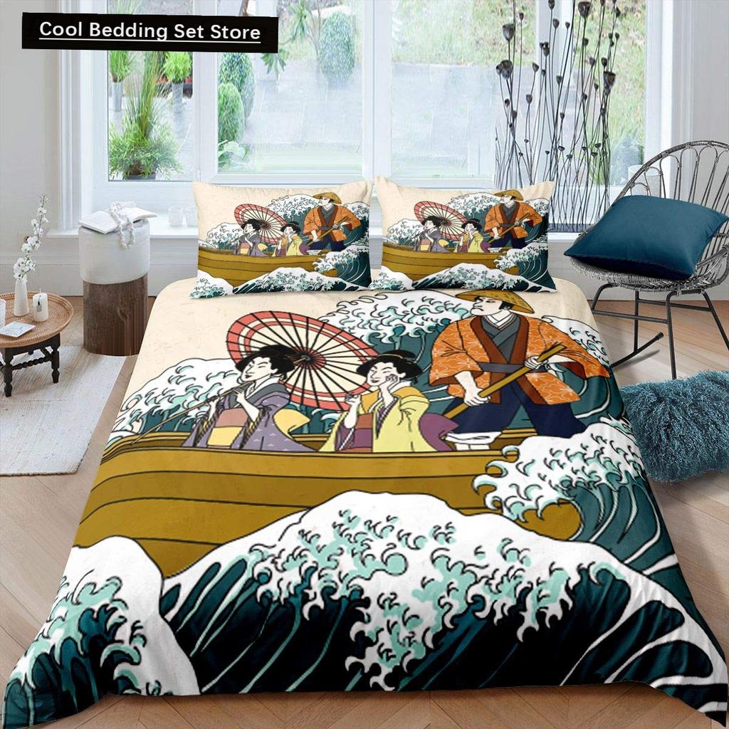 Japanese Style King Queen Duvet Cover Koi Fish Cherry Bedding Set Ukiyo-E Geisha Quilt Cover Sun Crane Polyester Comforter Cover