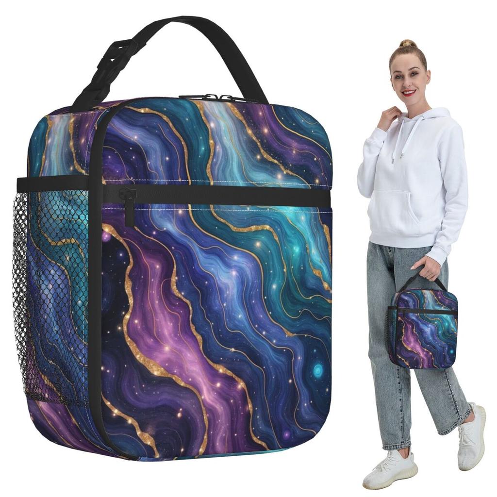 Blue Purple Gilded Luxury Gold Marble Insulated Lunch Bag for Women Cooler Thermal Food Box Tote Portable Lunch Boxes Container