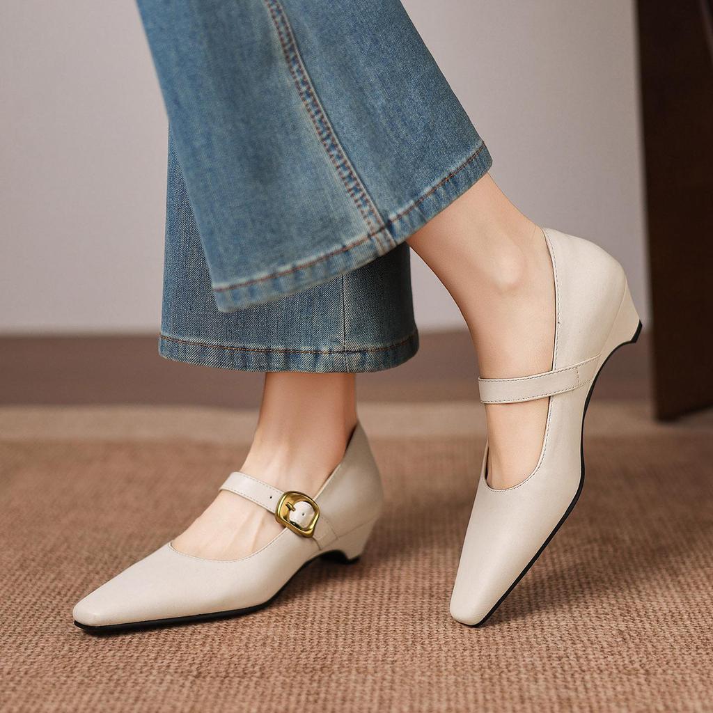 Krazing Pot Microfiber Square Toe Thick Med Heels Spring Summer Shoes Big Size 43 Metal Buckle Beauty Women Shallow Pumps
