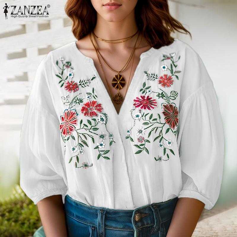 ZANZEA Women Summer V-Neck 3/4 Sleeve Loose Floral Embroidery Blouse