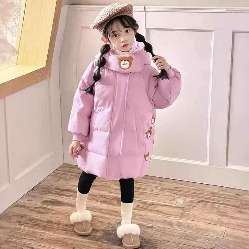 Winter Girls Down Jacket Long Style Thick Warm Cartoon Bear Hooded Coat for Kids Children Outerwear Clothing