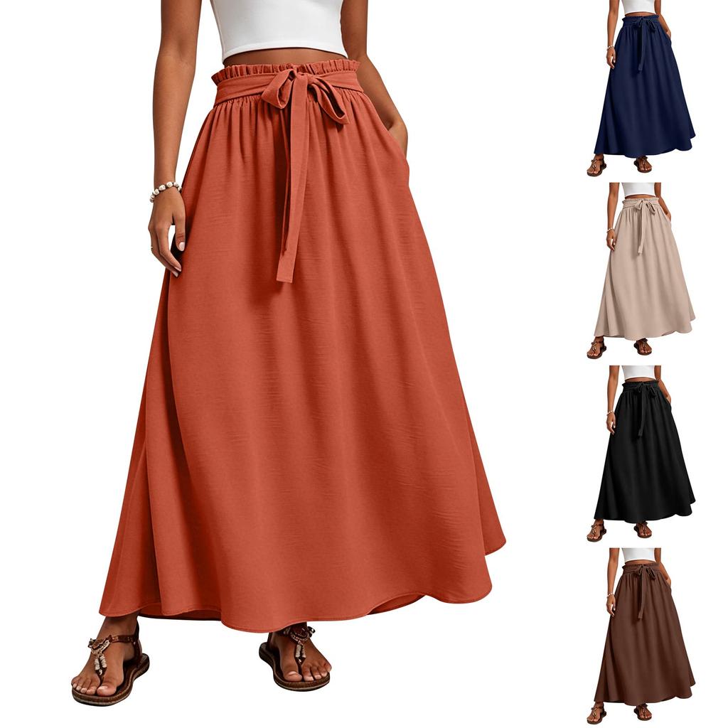 Women's High-Waisted Flowy A-Line Skirt With Tie-Waist, -Color Summer Dress With Elastic Waistband