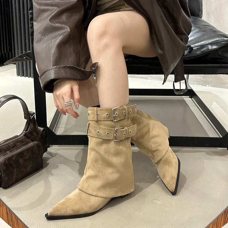 

Pointed Boots Season Boots Thick Heel Boots Belt Buckle Western Cowboy Boots Knight Boots 39 хакі