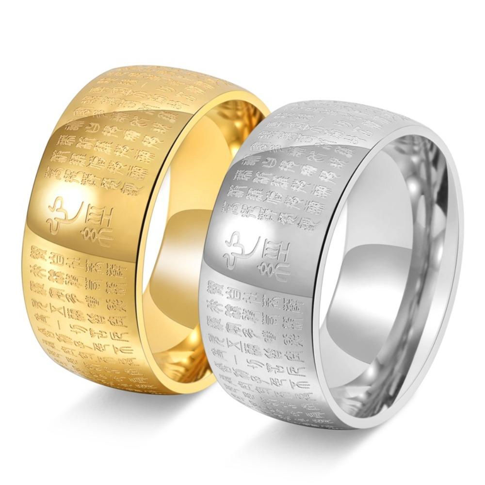 Mens Heart Sutra Ring Stainless Steel Buddhist Inscription Chinese Zen Style Wide Band 18K Gold Jewelry
