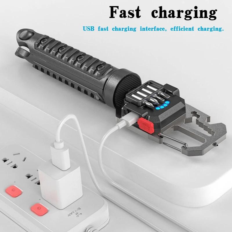 LED Mini Multifunctional Keychain Flashlight USB Rechargeable Portable Pocket EDC Torch Outdoor Emergency Search Camping Lantern