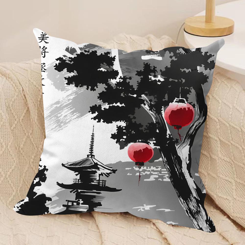 Japanese Pagoda Landscape Cushion Cover Plush Fabric Soft DoubleSided Printed Sofa Warm Winter Home Gift Pillow Cover