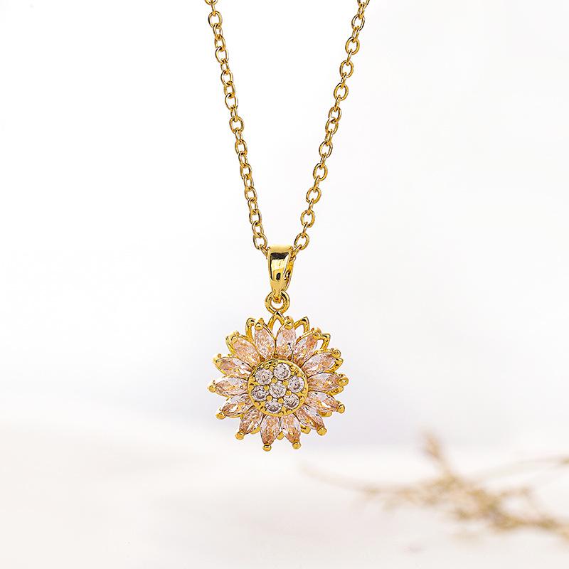 Minimalist Titanium Steel Necklace Earrings Ring Zircon Jewelry Set Rotatable Sunflower Jewelry Set for Women