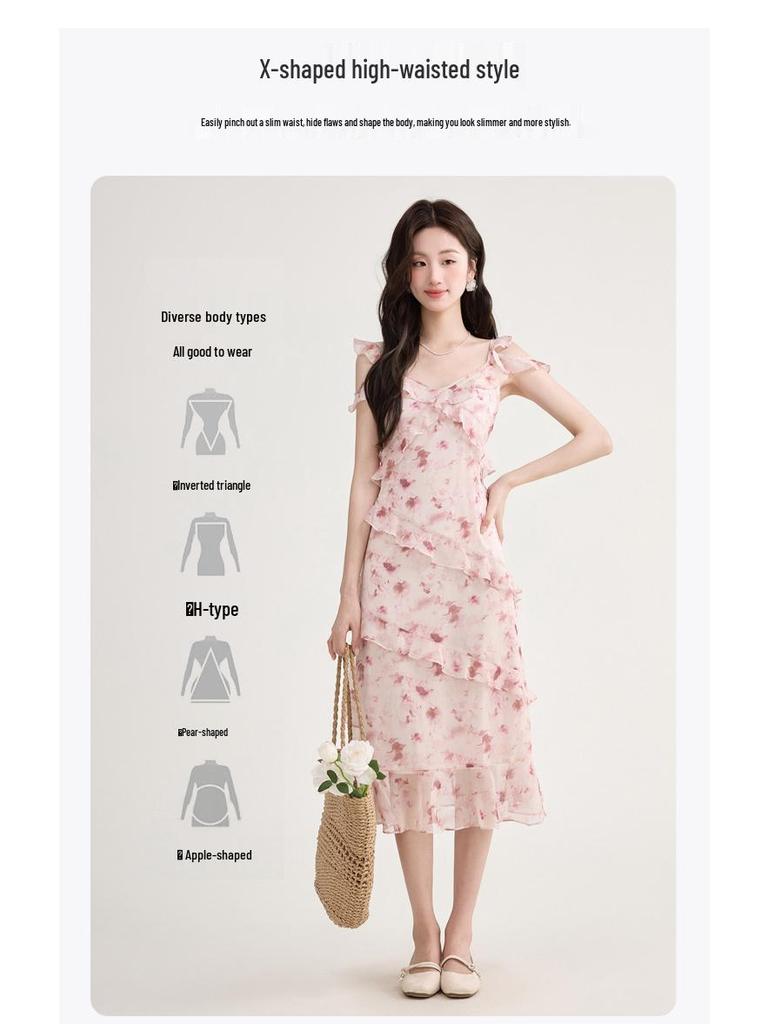 Women's French Retro Floral Spaghetti Strap Ruffle Dress - Petite, Summer Beach Vacation
