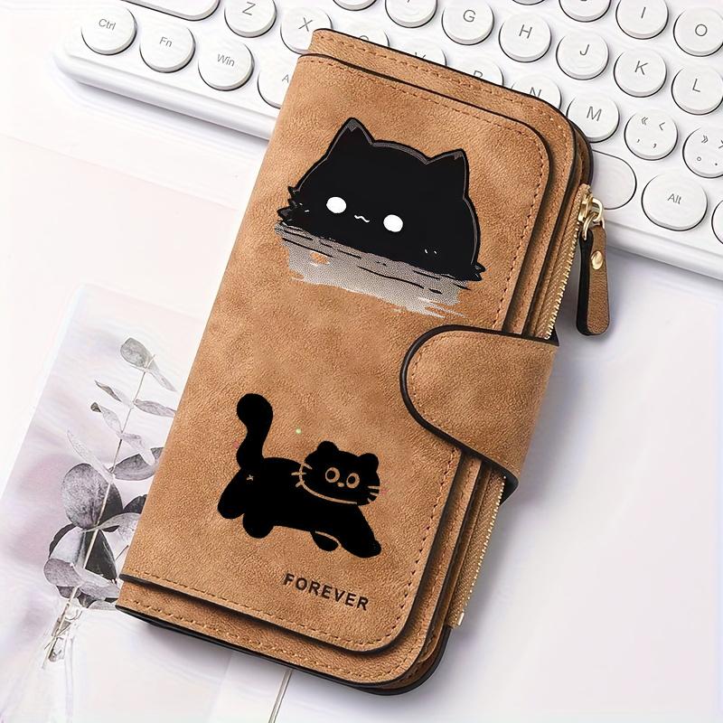 Women Multifunction Wallet with Cat Pattern Snap Button Coin Purse Billfold Card Holder for Outdoor Travel Daily Use Minimalist Couple Gift Gray