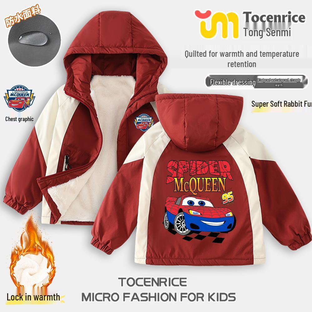 Zimowa Kurtka Chłopięca Błyskawica McQueen, Ciepła Pikowana Kurtka Zewnętrzna z Kapturem i Podszewką z Pluszu.