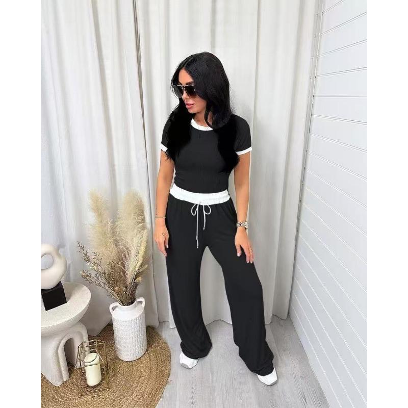 Damen Lässiges Farbblock Zweiteiliges Set mit Kurzarm und Weitbeiniger Hose Sportset