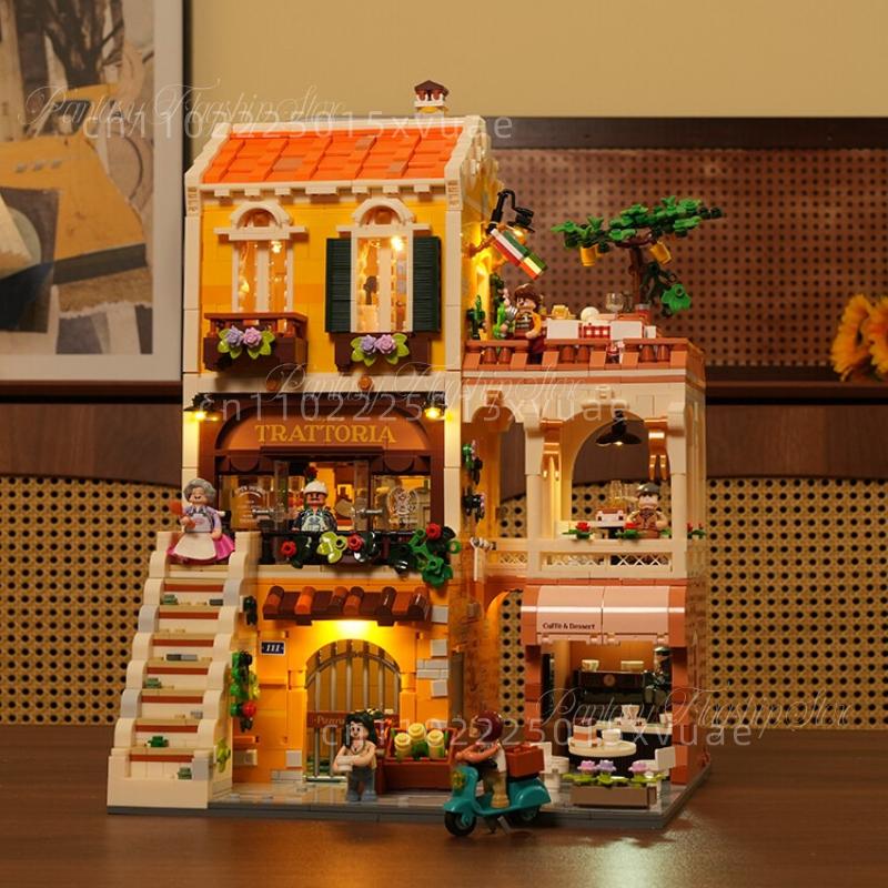 Small Town Series Italian Family Restaurant Building Block House City Street View Assembly Model Toys Full Print Decoration Gift