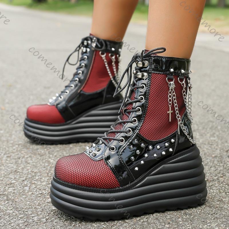 Comemore Women's Shoes Fashion Platform Boots Ladies Wedges High Heels Short Botines Round Head Mixed Color Chain Punk Botas