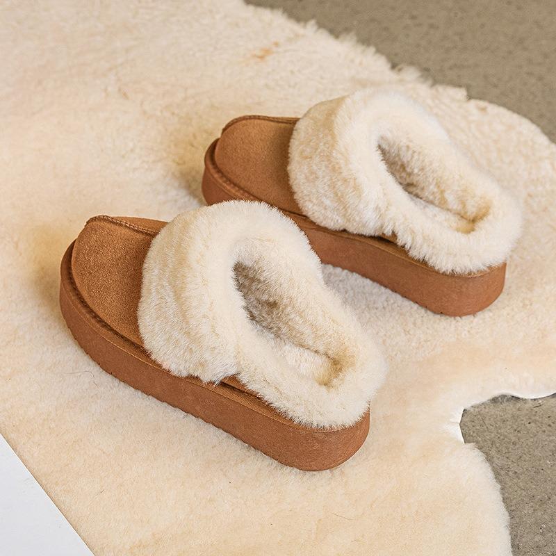 Dicksohlige flauschige Hausschuhe Herbst und Winter neu warm Rindsleder gefüttert verdickt faul ein Pedal echtes Leder Schneestiefel Damen