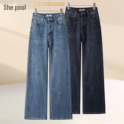 Tachi Women's Embossed Rhinestone Bowknot High-Waist Straight Leg Jeans