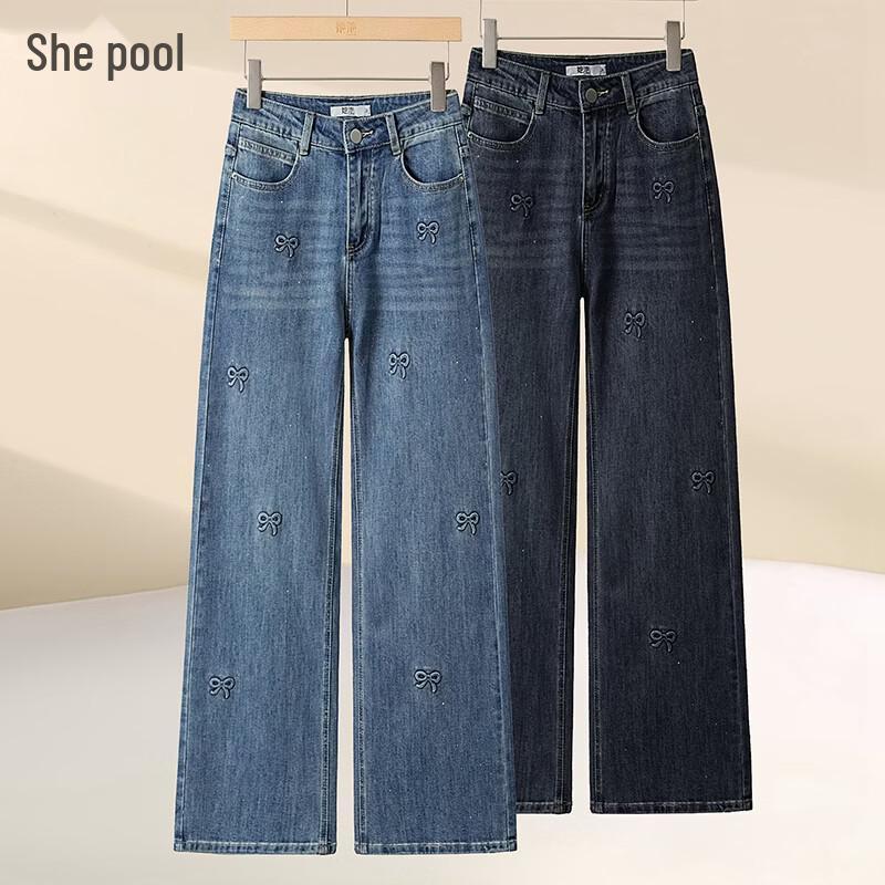 

Tachi Women s Embossed Rhinestone Bowknot High-Waist Straight Leg Jeans L