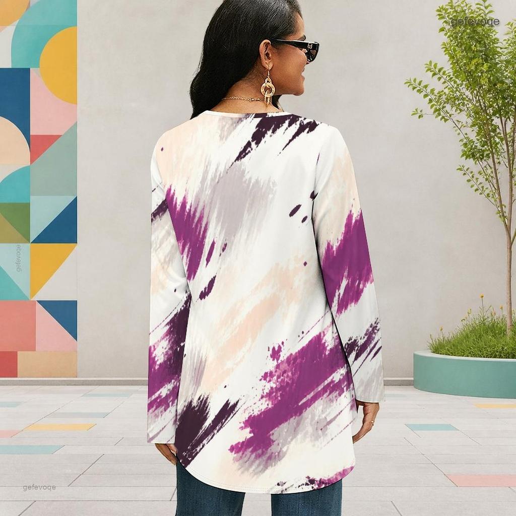 Women Plus Size Round Neck Long Sleeve Colorful Striped Printed Cyan Loose Blouse High Low Hem