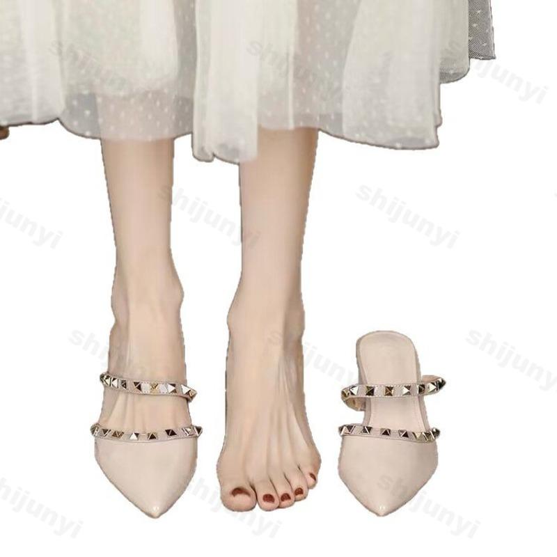 Fashion Women Slippers Fashion Rivet Slip on New 2025 Summer Pointy Toe High Heels Shoes Party Patent Leather Sexy Female Sandal Dress
