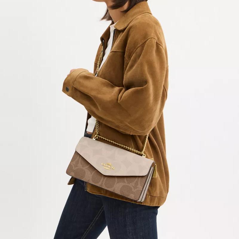Coach Klare 26 Logo Print Metal Logo Coated Canvas and Leather Envelope Bag Shoulder Crossbody Bag Medium Women's Tan